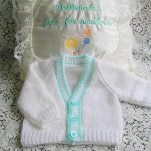 0-3 month white/green hand knitted cardigan