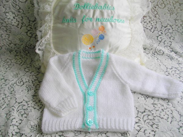 0-3 month white/green hand knitted cardigan