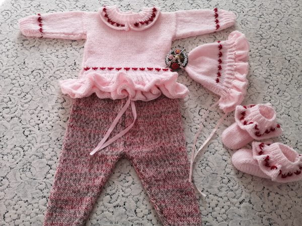 Hand knitted frilly sweater set