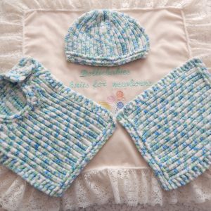 hand knitted bib beanie hat and comforter